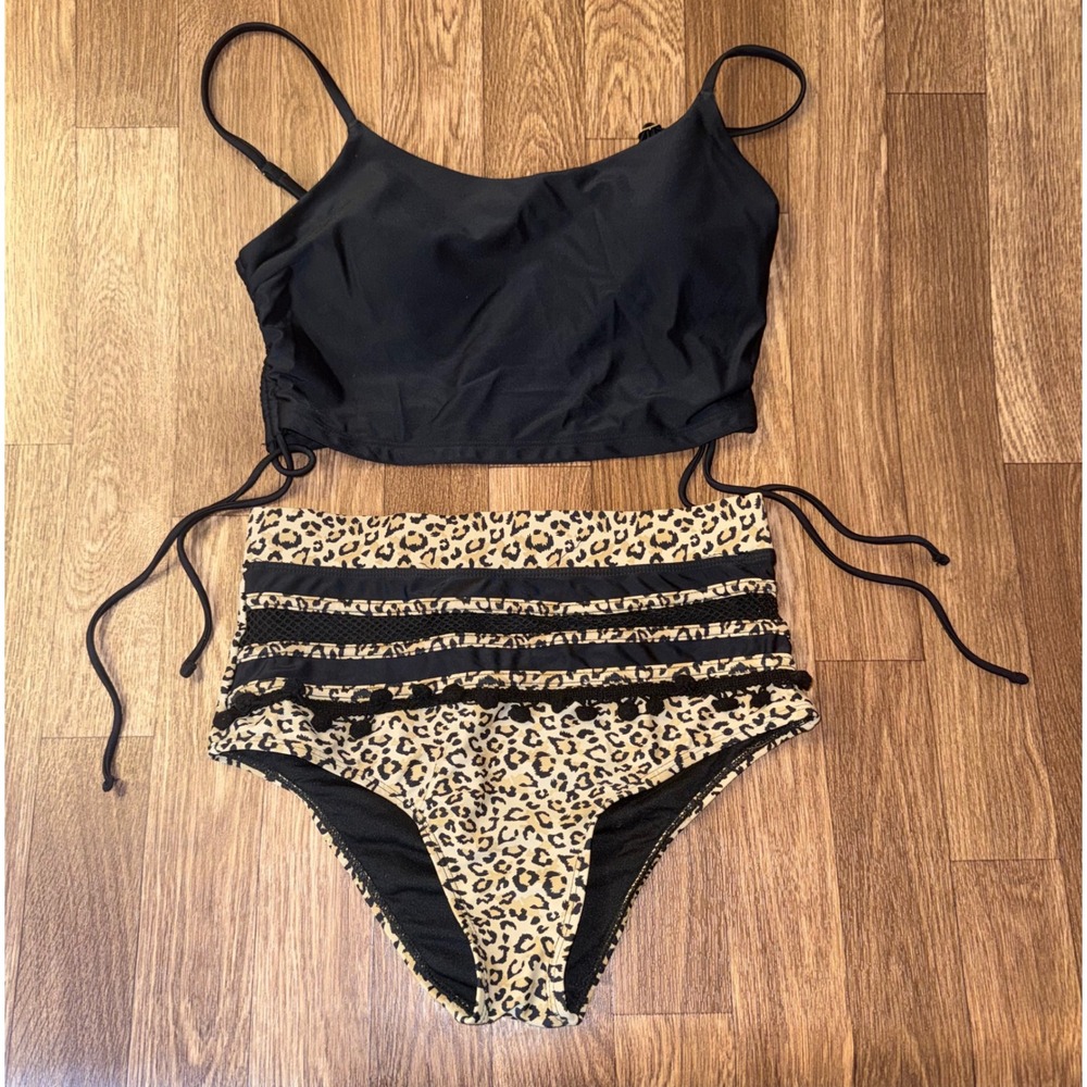Hollister Swim Womens Small Black Ruched Top Leopard High Waist Pom Bikini Set